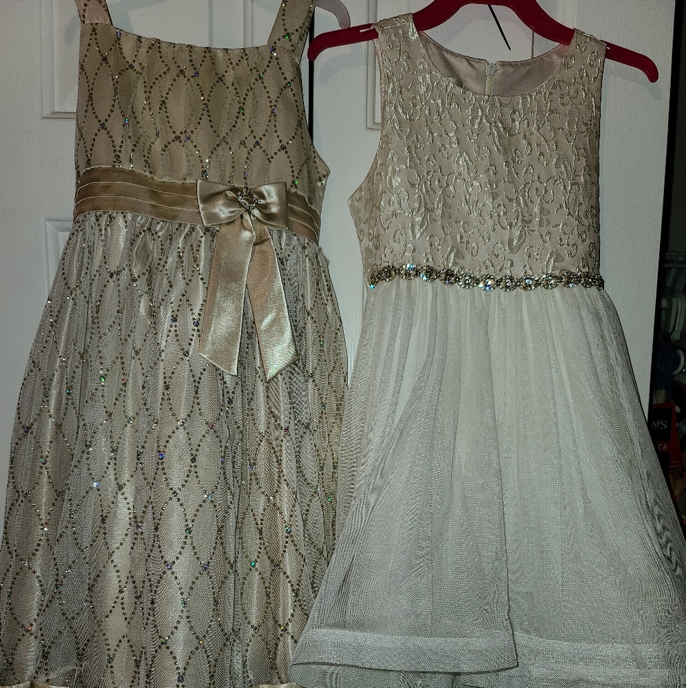 2 girls short formal dresses white cream gold 6x